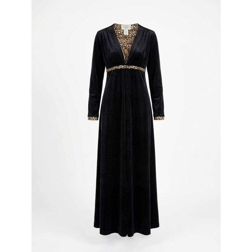 VTG 80s, 90s Cinema Etoile Black Velvet Robe Leopard Print Trim Long Robe Size M